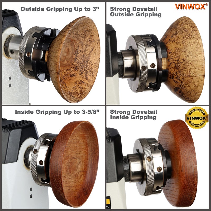 VINWOX 4INCH 4-Jaw Self-Centering Wood Lathe Chuck, 2" Round Jaw Mounted, 1"x8TPI thread & 3/4"x16TPI Adapter, T Allen Wrench, Screw Chuck, SCR4-4, Nickle electric Coating Body - Image 3